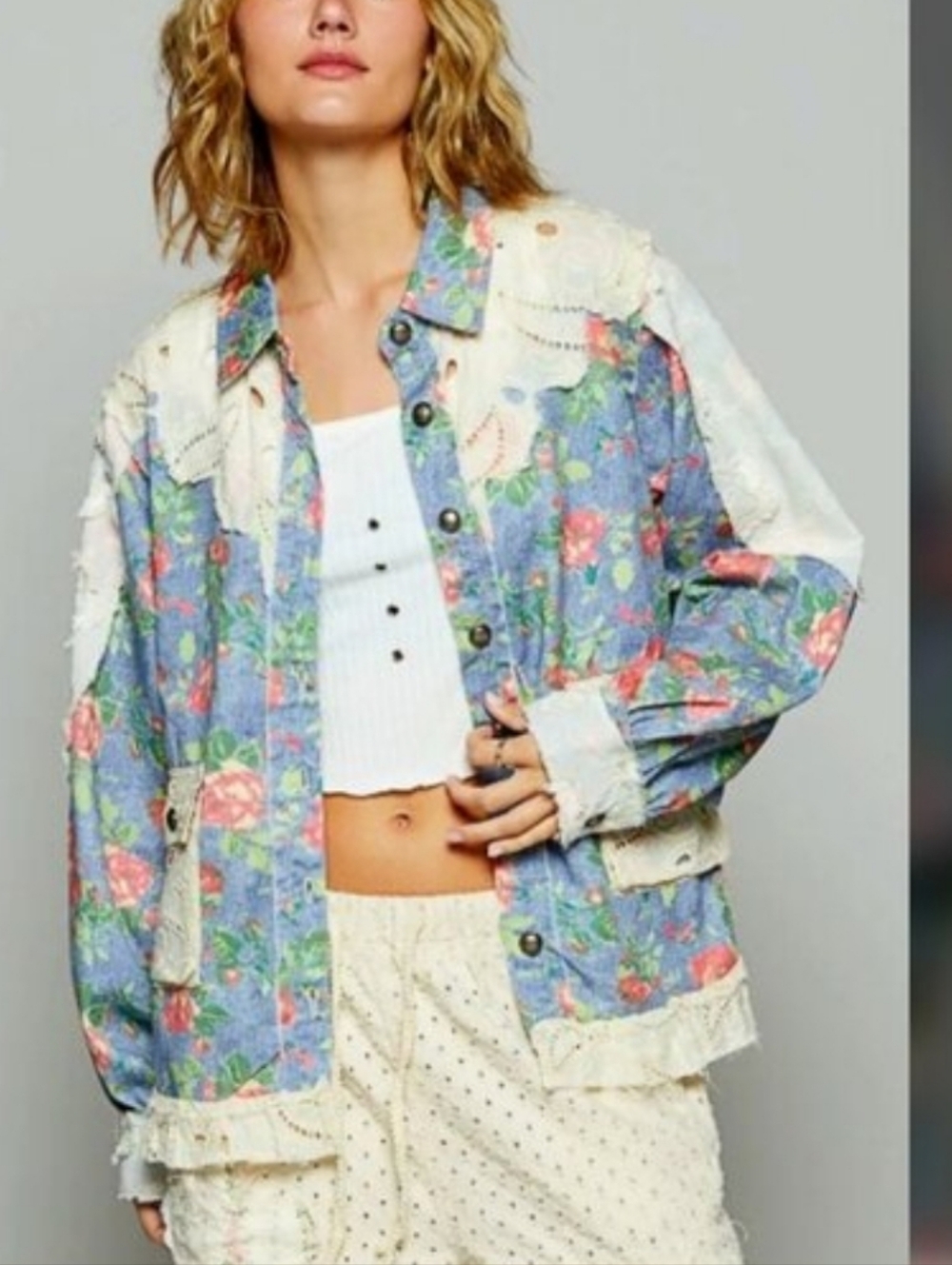 POL Floral Eyelet-Trim Jacket - Blue & Pink  NWOT